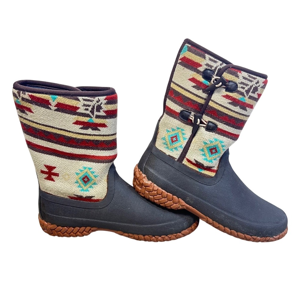 LaCrosse Women 10 Brown Southwestern Rubber Boots Gorpcore Aztec Rain Cabin core